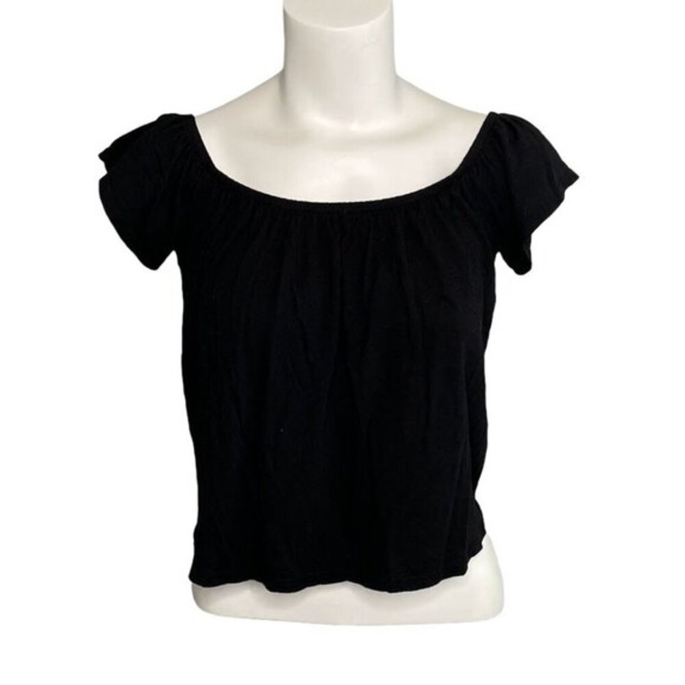 Garage‎ Blouse Top Women's MEDIUM Black Off-The-Shoulder Flutter Cropped EUC